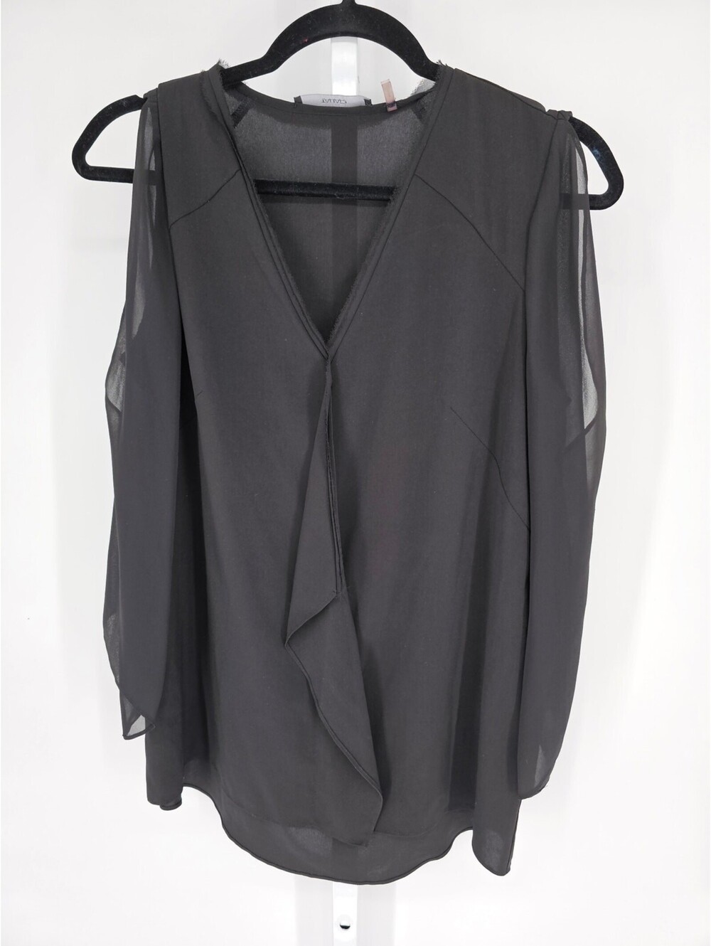 Tahari Womens Sz S Long Sheer Sleeve Formal Blouse Solid Black V Neck